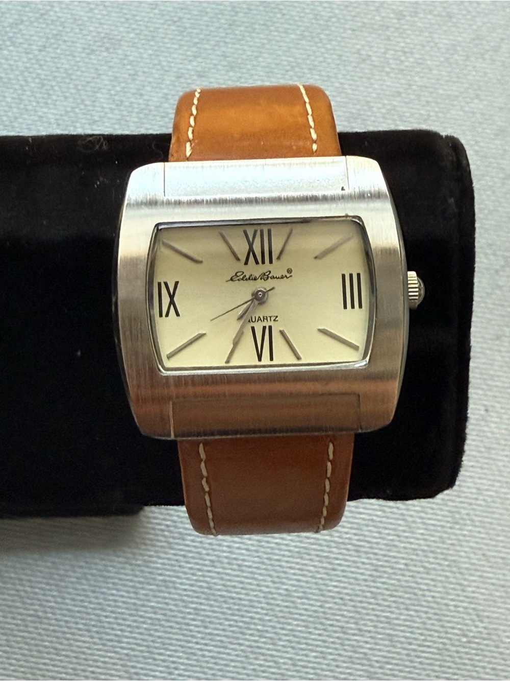 Eddie Bauer women’s  open cuff Watch in silver and Brown Leather